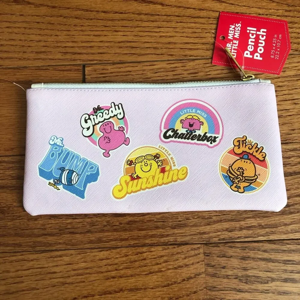 Little Miss Pink Pencil Accessories Pouch with Fun Characters Faux Leather NWT